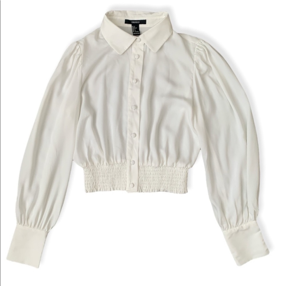 F21 White Puffed Sleeve Cropped Shirt
